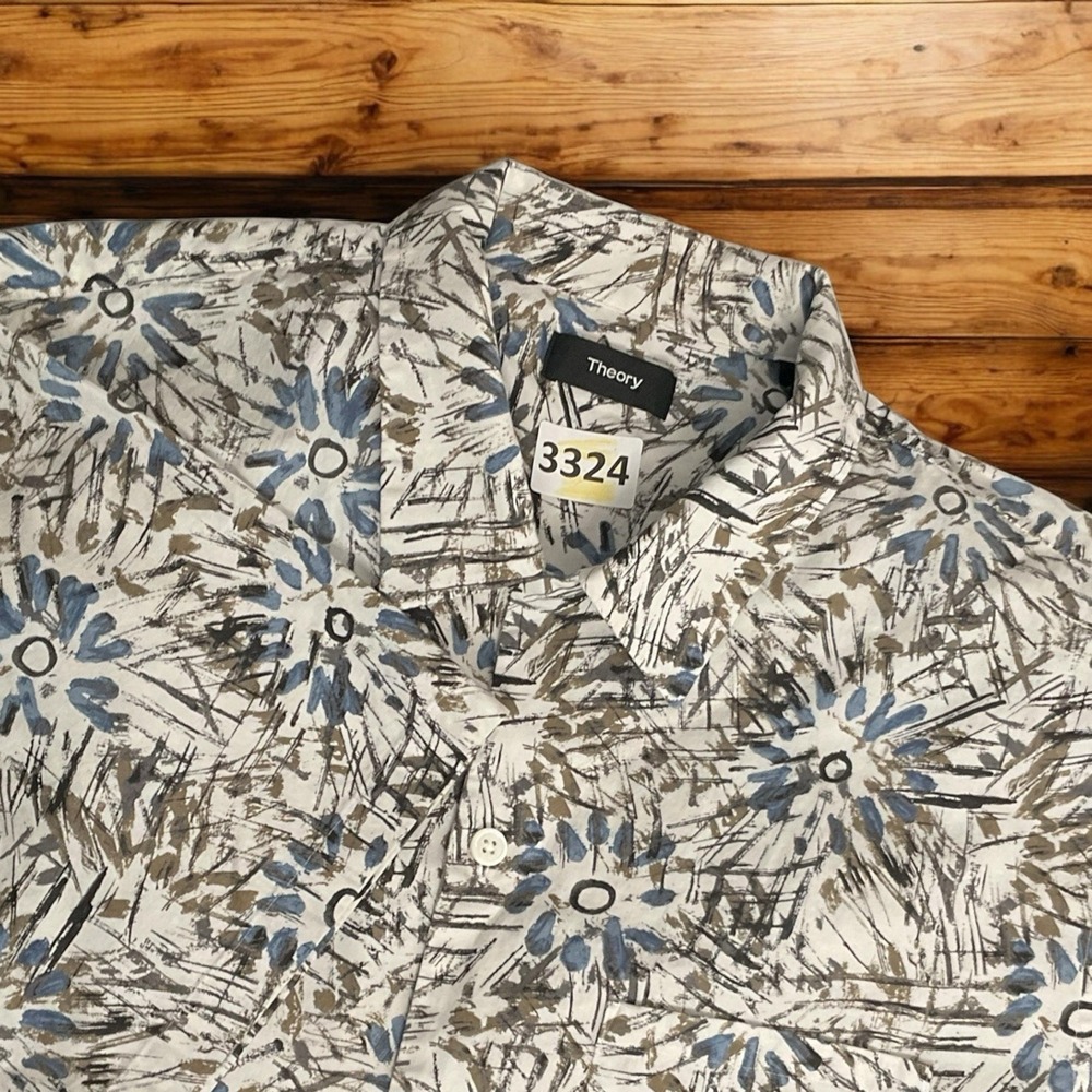 Theory Shirt Men's L Weldon Camp-Collar Floral Print Cotton-Blend Poplin Neutral